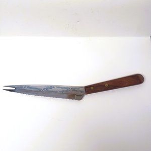 Vintage Nevco Serrated Knife Angled Wood Handle MCM 2 Prong Tip Japan Made